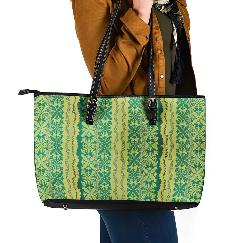 Hawaii Lei with Tribal Quilt Motif Leather Tote Bag LT9 - Polynesian Pride