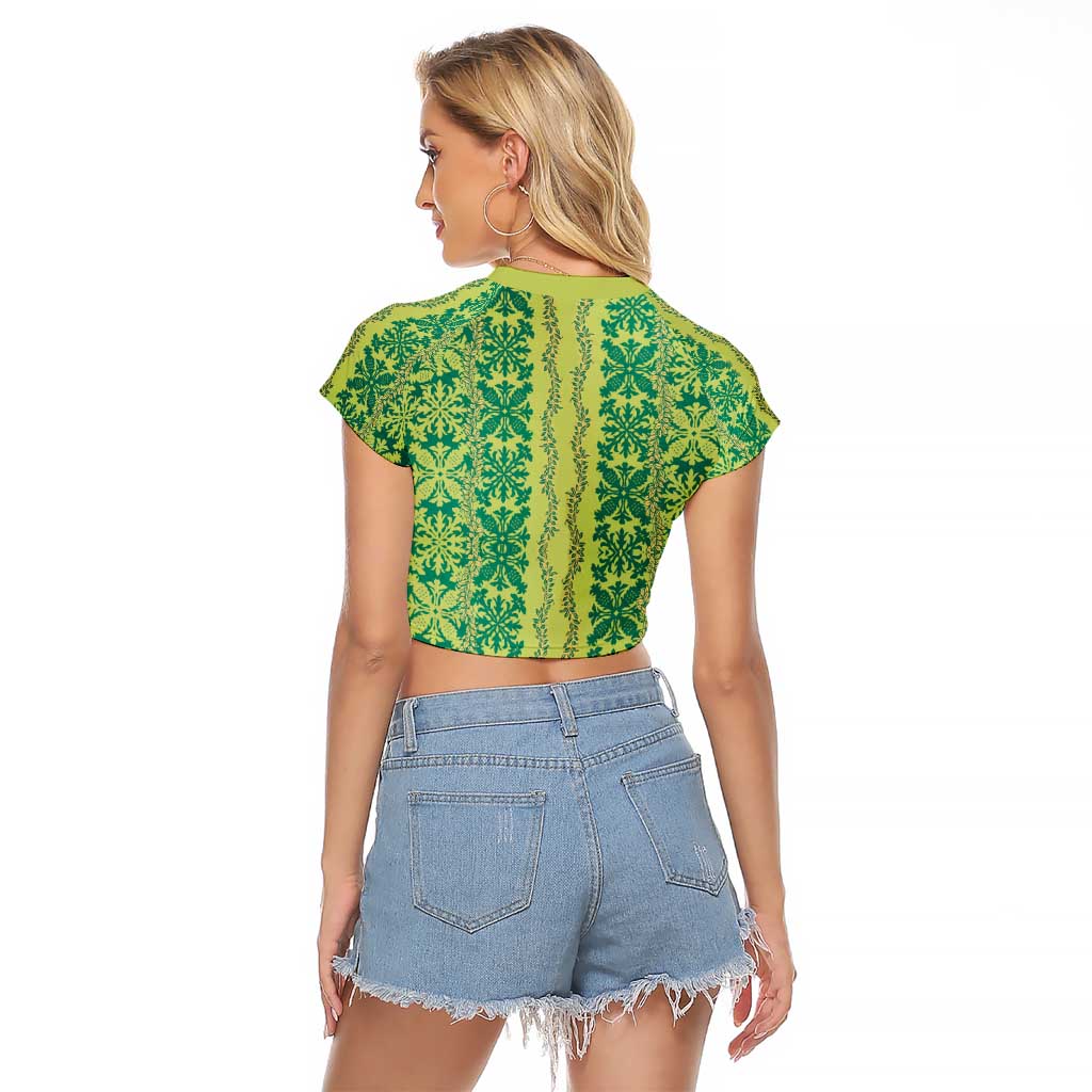 Hawaii Lei with Tribal Quilt Motif Raglan Cropped T Shirt