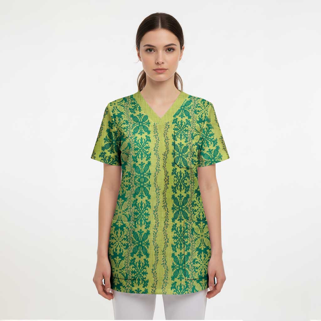 Hawaii Lei with Tribal Quilt Motif Scrub Top - Polynesian Pride