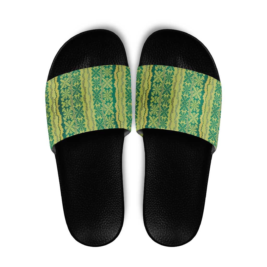 Hawaii Lei with Tribal Quilt Motif Slide Sandals LT9 Green - Polynesian Pride