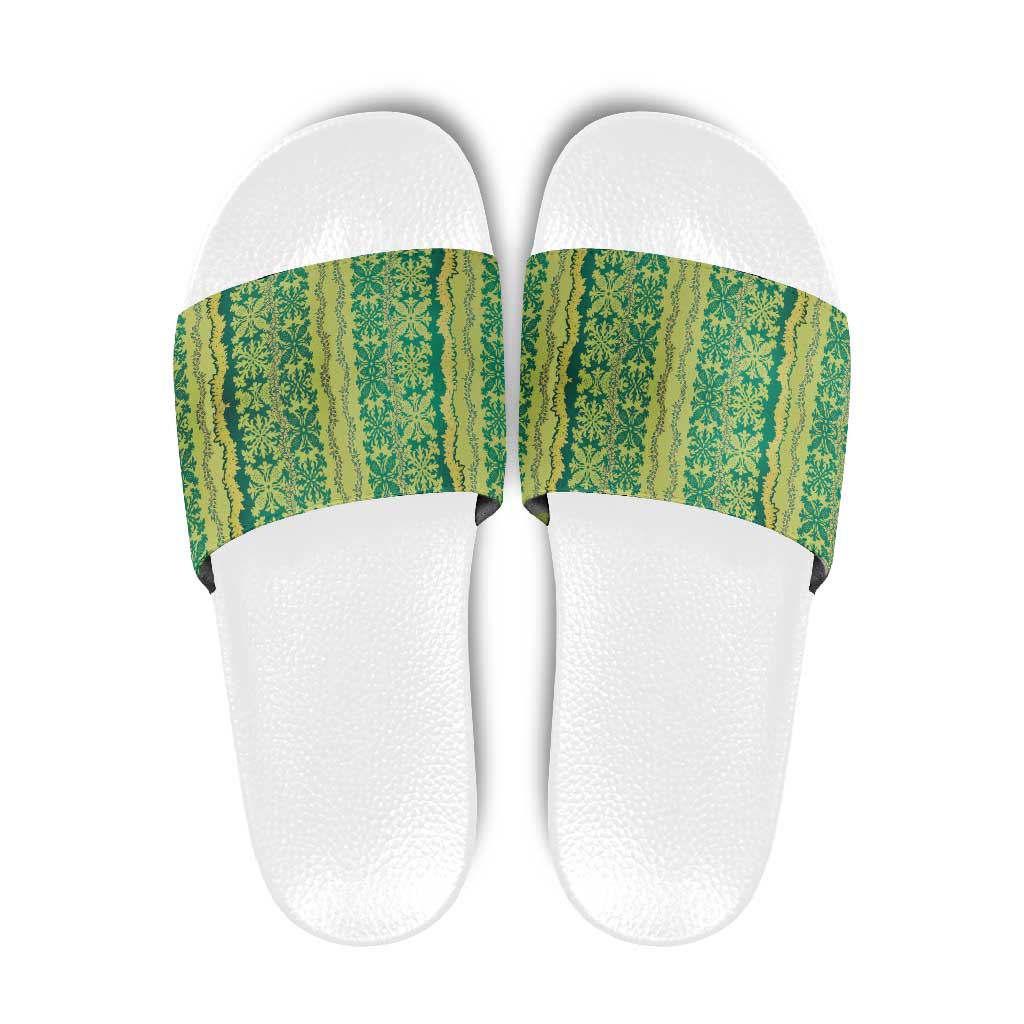 Hawaii Lei with Tribal Quilt Motif Slide Sandals LT9 Green - Polynesian Pride