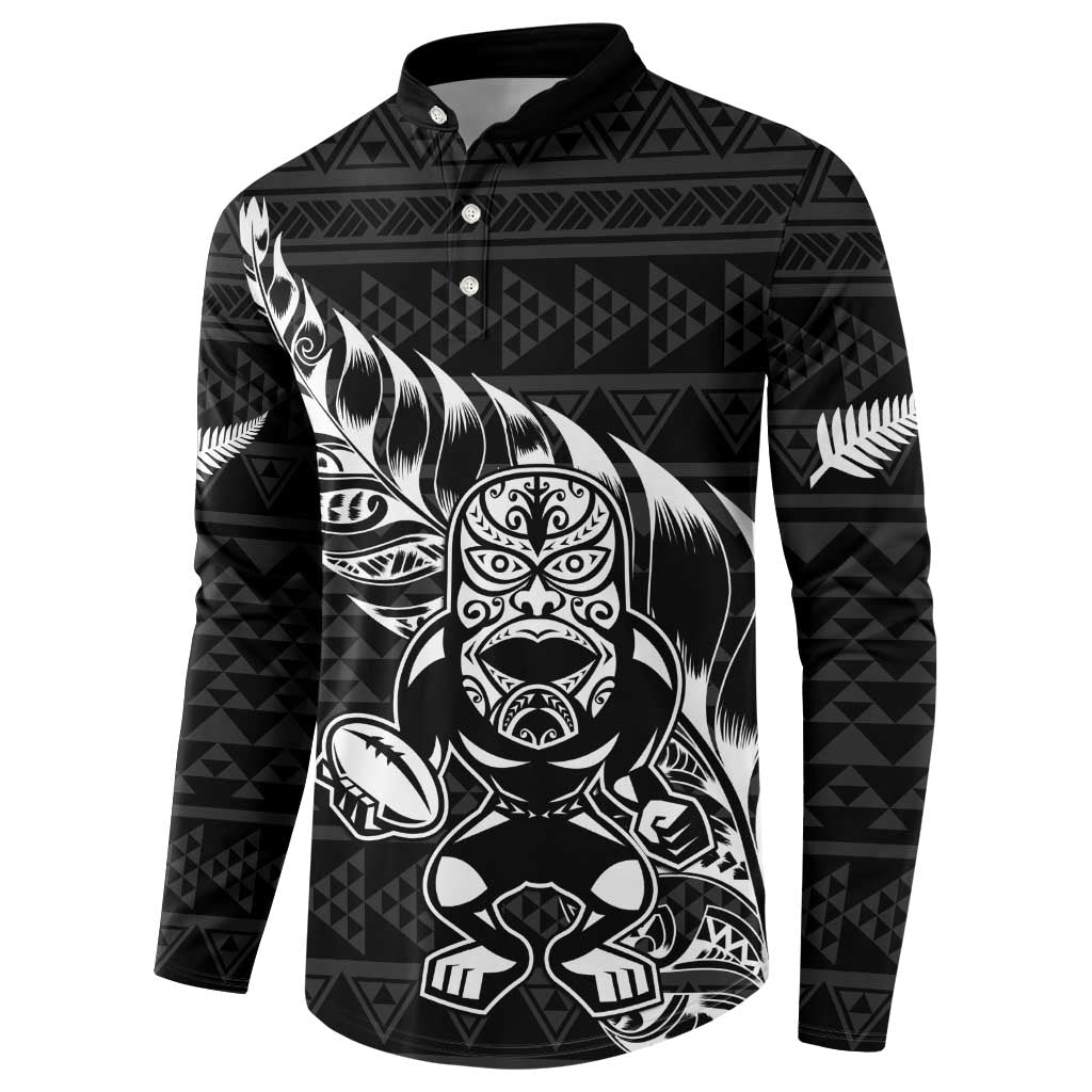 New Zealand Rugby Warrior Custom Button Sweatshirt Black Fern Taniko Motif