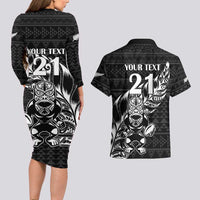New Zealand Rugby Warrior Custom Couples Matching Long Sleeve Bodycon Dress and Hawaiian Shirt Black Fern Taniko Motif LT9 - Polynesian Pride