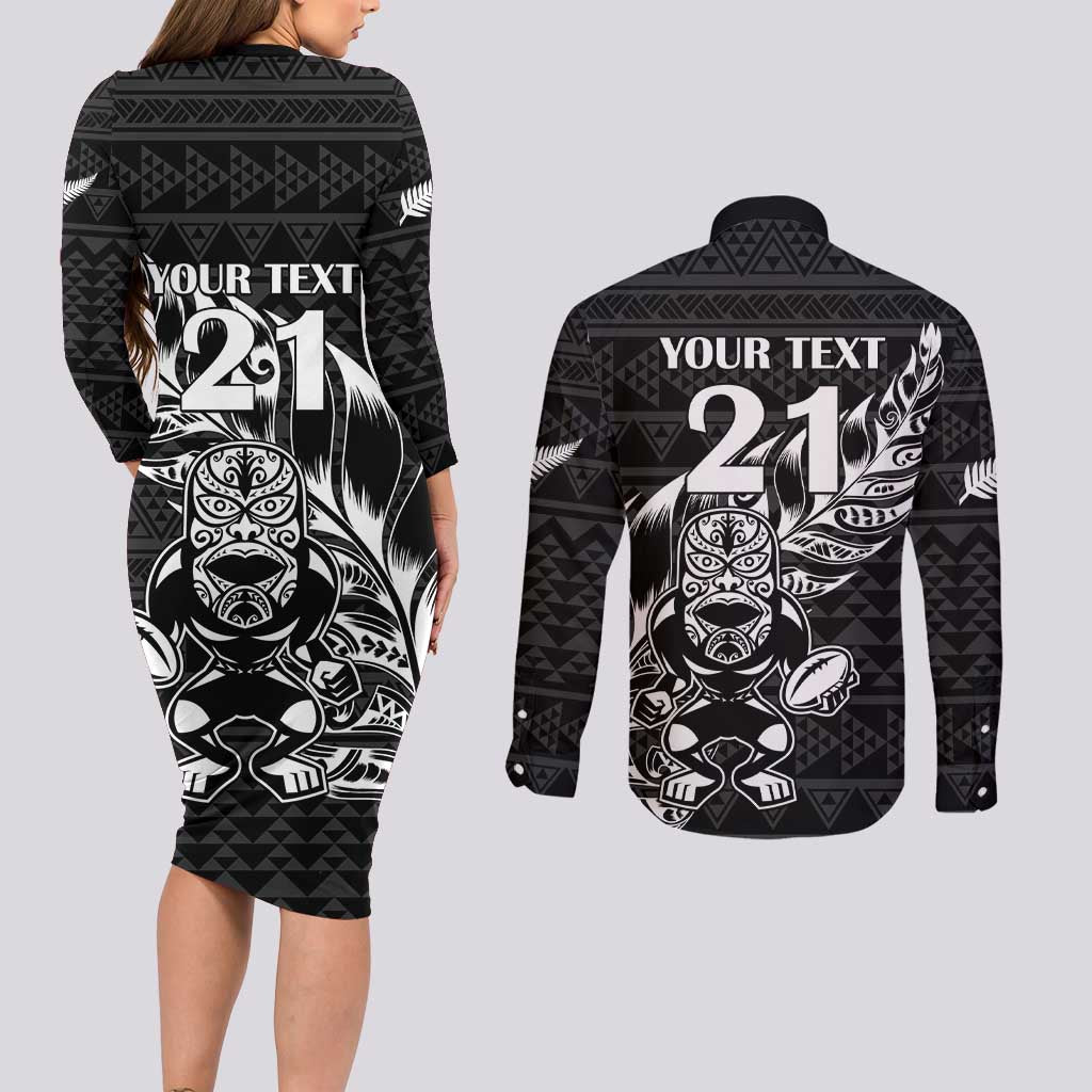 New Zealand Rugby Warrior Custom Couples Matching Long Sleeve Bodycon Dress and Long Sleeve Button Shirt Black Fern Taniko Motif