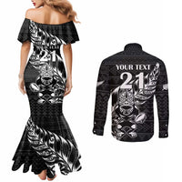 New Zealand Rugby Warrior Custom Couples Matching Mermaid Dress and Long Sleeve Button Shirt Black Fern Taniko Motif