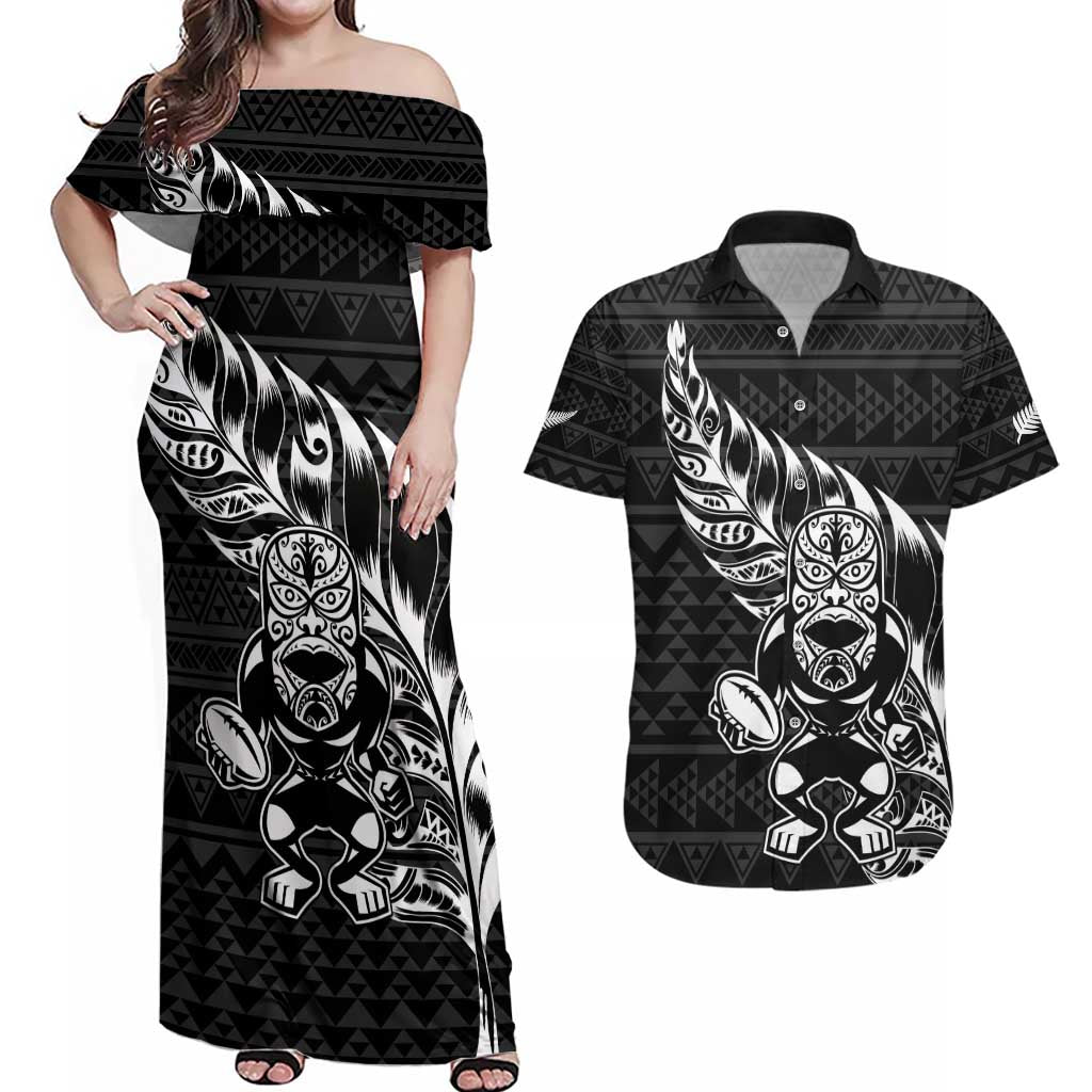 New Zealand Rugby Warrior Custom Couples Matching Off Shoulder Maxi Dress and Hawaiian Shirt Black Fern Taniko Motif LT9 Black - Polynesian Pride