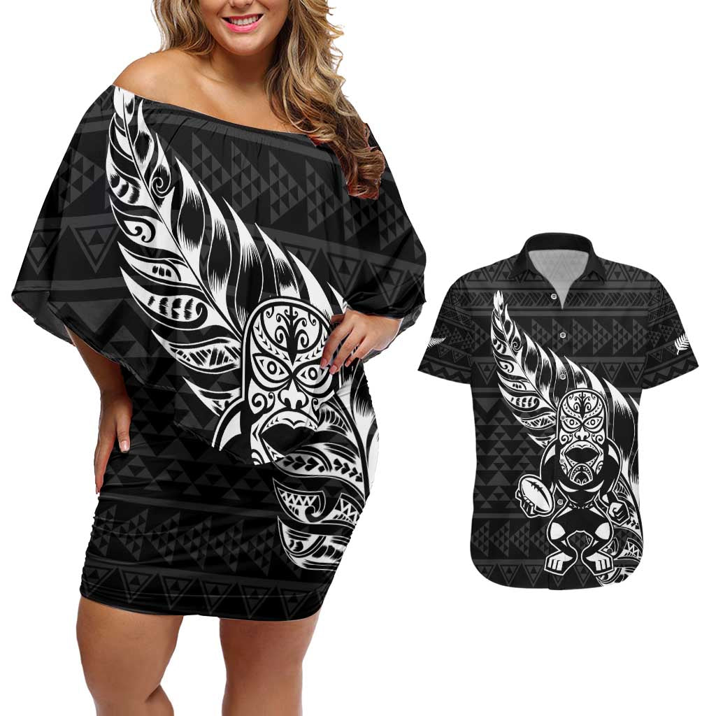New Zealand Rugby Warrior Custom Couples Matching Off Shoulder Short Dress and Hawaiian Shirt Black Fern Taniko Motif LT9 Black - Polynesian Pride