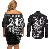 New Zealand Rugby Warrior Custom Couples Matching Off Shoulder Short Dress and Long Sleeve Button Shirt Black Fern Taniko Motif