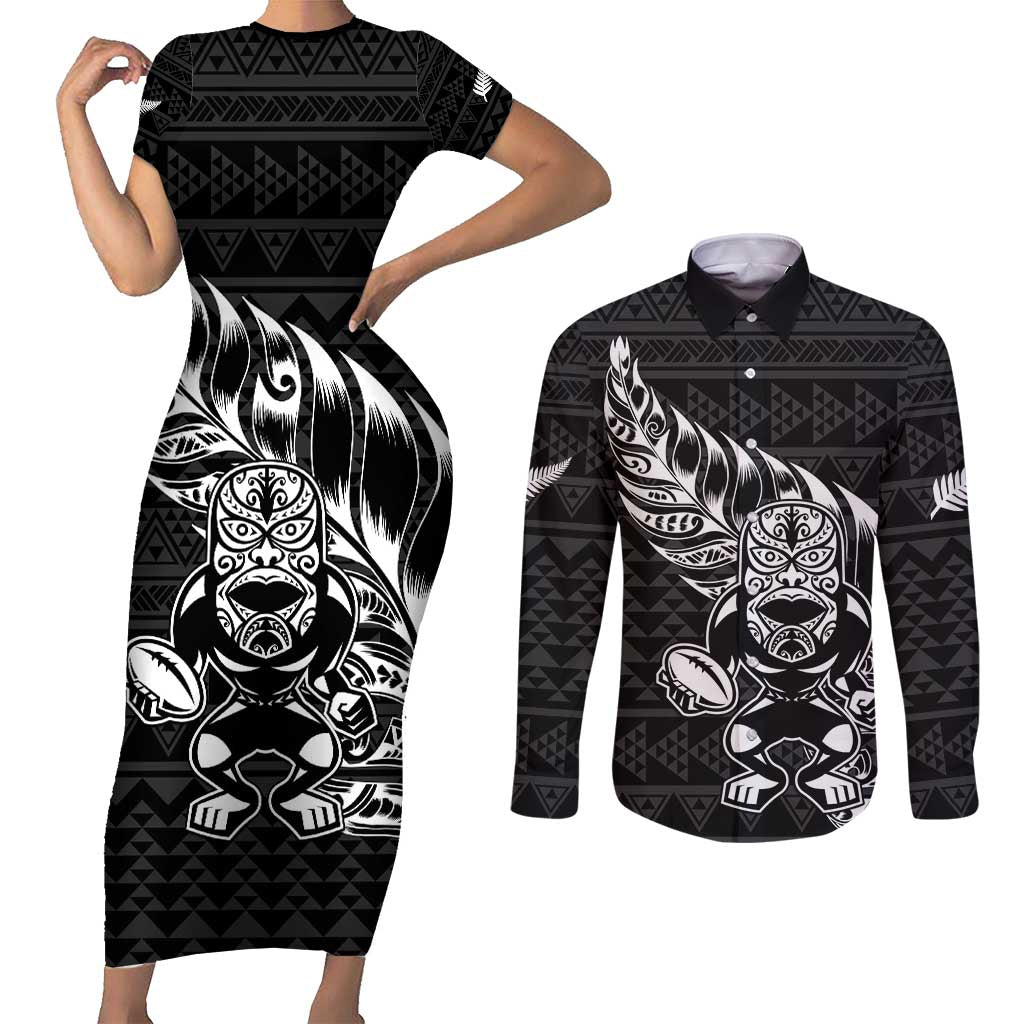 New Zealand Rugby Warrior Custom Couples Matching Short Sleeve Bodycon Dress and Long Sleeve Button Shirt Black Fern Taniko Motif