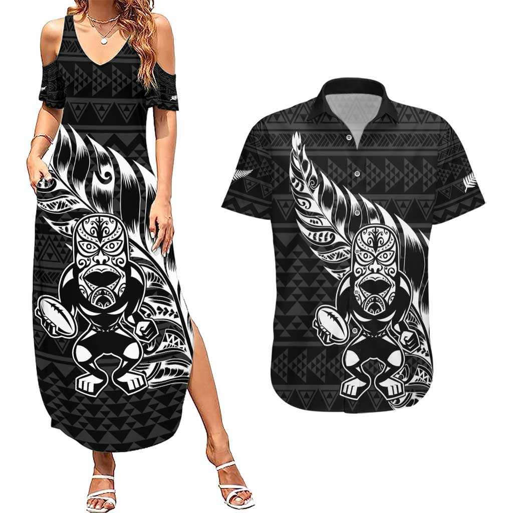 New Zealand Rugby Warrior Custom Couples Matching Summer Maxi Dress and Hawaiian Shirt Black Fern Taniko Motif LT9 Black - Polynesian Pride