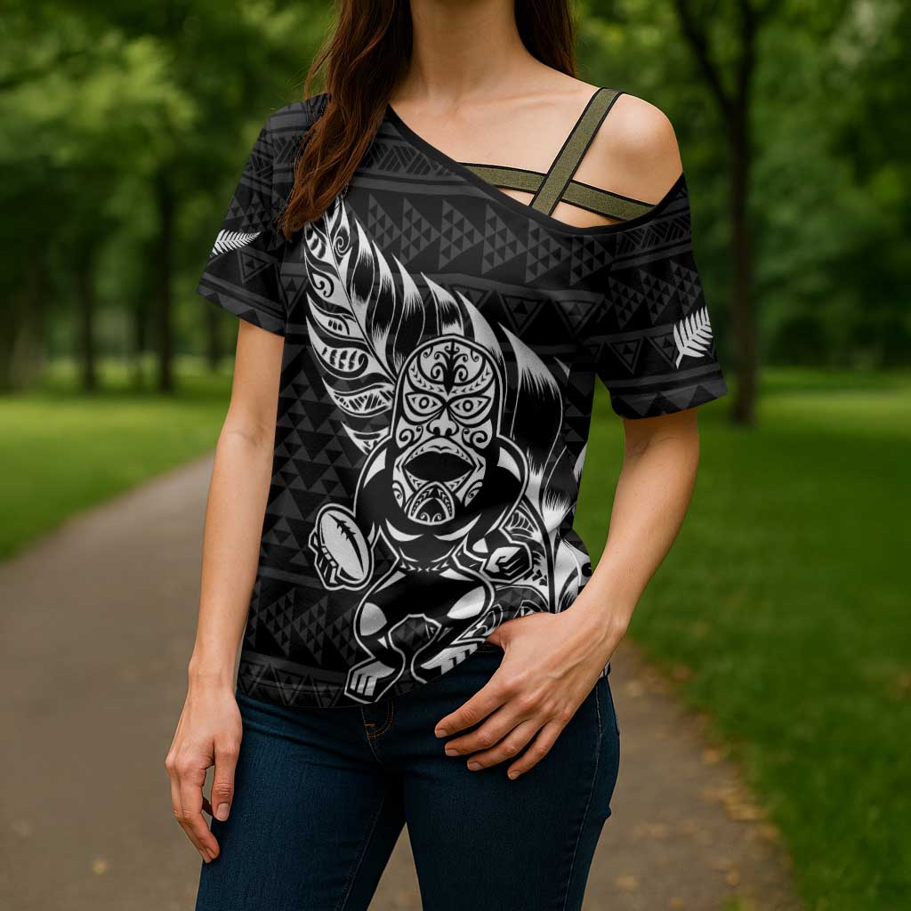 New Zealand Rugby Warrior Custom Cross Shoulder Shirt Black Fern Taniko Motif - Polynesian Pride