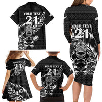 New Zealand Rugby Warrior Custom Family Matching Long Sleeve Bodycon Dress and Hawaiian Shirt Black Fern Taniko Motif LT9 - Polynesian Pride