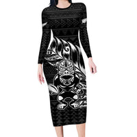 New Zealand Rugby Warrior Custom Family Matching Long Sleeve Bodycon Dress and Hawaiian Shirt Black Fern Taniko Motif LT9 Mom's Dress Black - Polynesian Pride