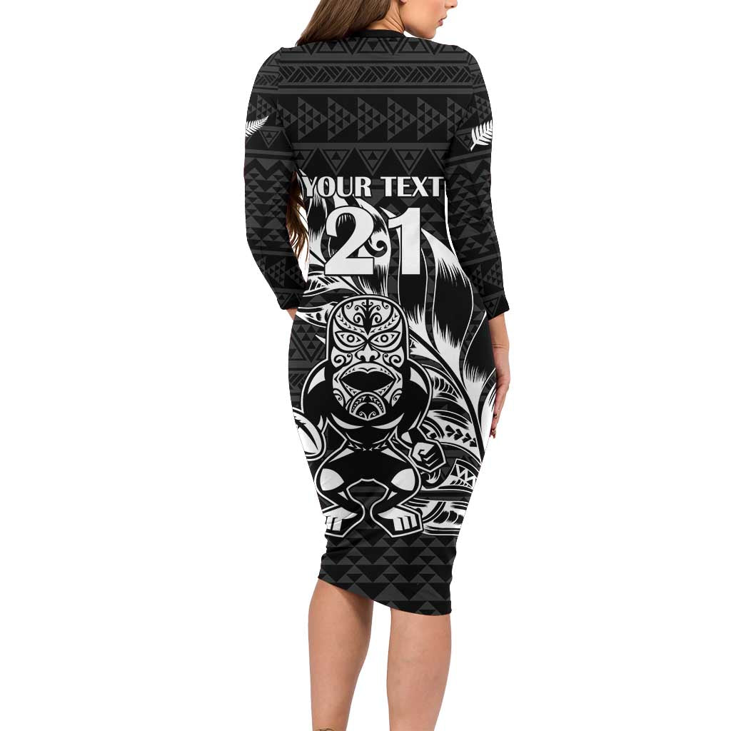 New Zealand Rugby Warrior Custom Family Matching Long Sleeve Bodycon Dress and Hawaiian Shirt Black Fern Taniko Motif LT9 - Polynesian Pride
