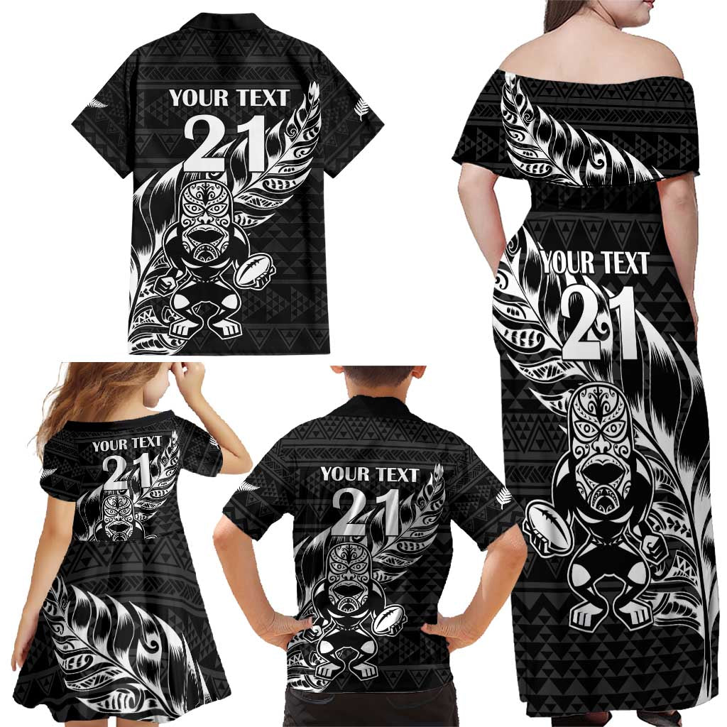 New Zealand Rugby Warrior Custom Family Matching Off Shoulder Maxi Dress and Hawaiian Shirt Black Fern Taniko Motif