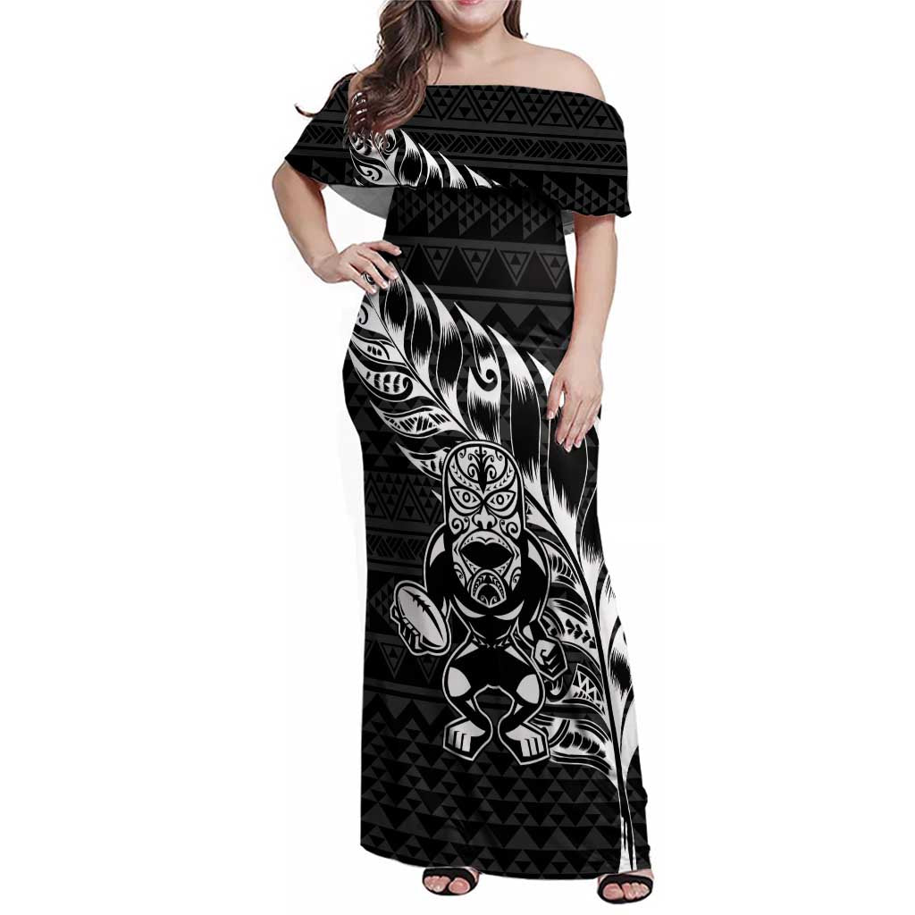 New Zealand Rugby Warrior Custom Family Matching Off Shoulder Maxi Dress and Hawaiian Shirt Black Fern Taniko Motif