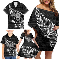 New Zealand Rugby Warrior Custom Family Matching Off Shoulder Short Dress and Hawaiian Shirt Black Fern Taniko Motif