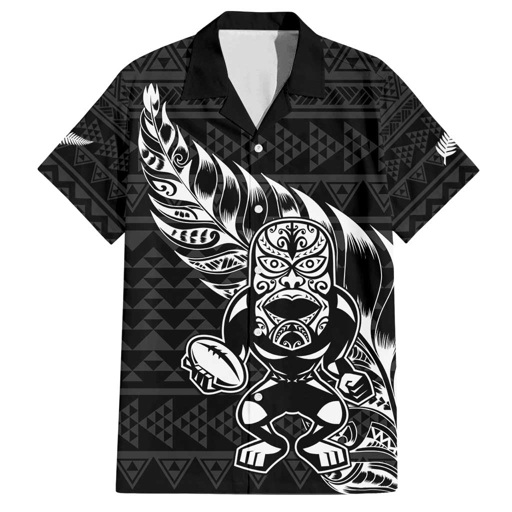New Zealand Rugby Warrior Custom Family Matching Off Shoulder Short Dress and Hawaiian Shirt Black Fern Taniko Motif