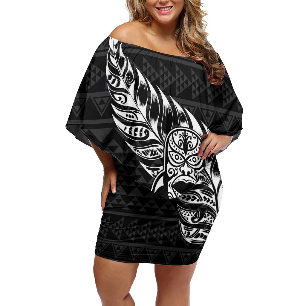 New Zealand Rugby Warrior Custom Family Matching Off Shoulder Short Dress and Hawaiian Shirt Black Fern Taniko Motif