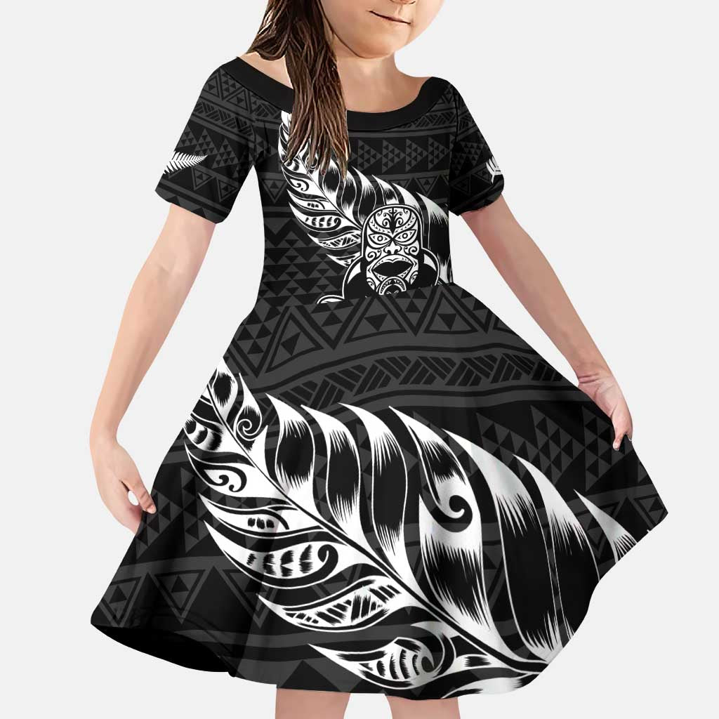 New Zealand Rugby Warrior Custom Family Matching Puletasi and Hawaiian Shirt Black Fern Taniko Motif LT9 Daughter's Dress Black - Polynesian Pride