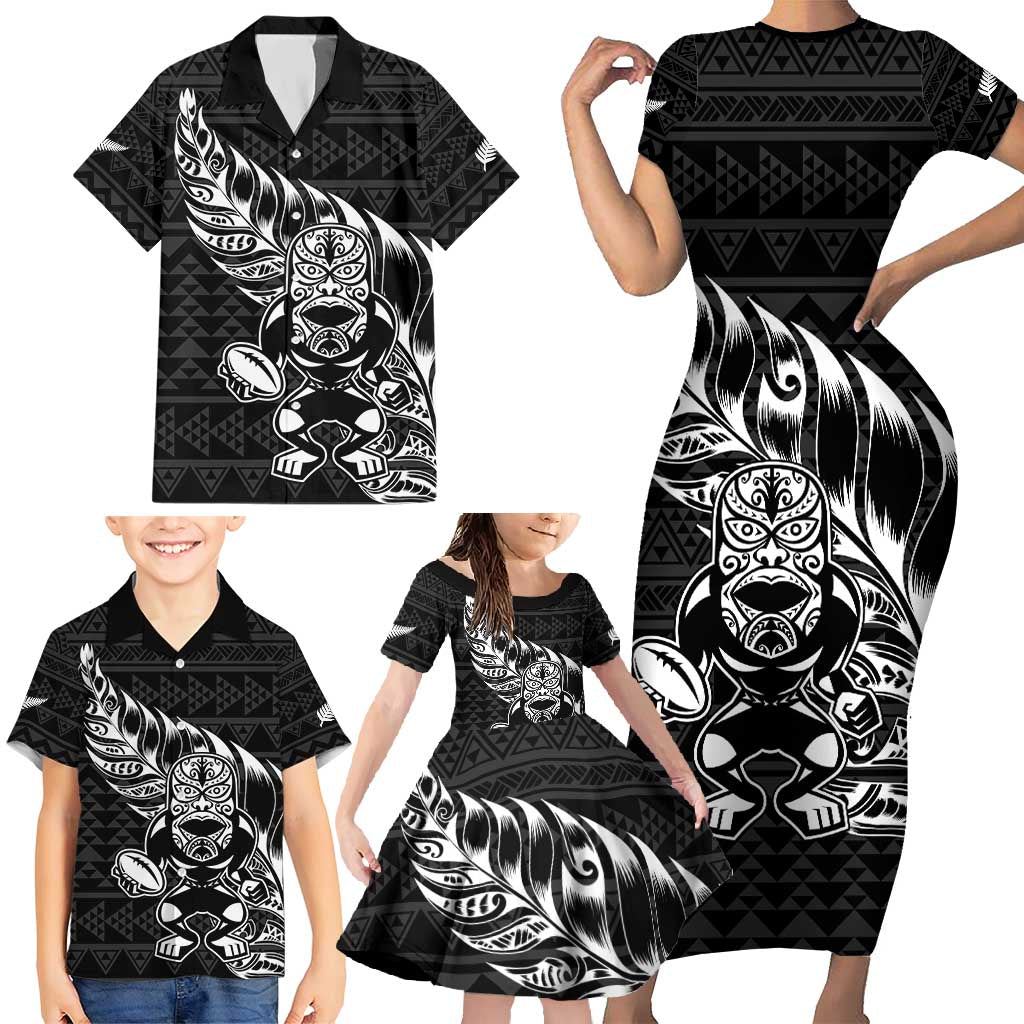 New Zealand Rugby Warrior Custom Family Matching Short Sleeve Bodycon Dress and Hawaiian Shirt Black Fern Taniko Motif LT9 - Polynesian Pride