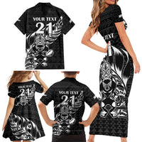 New Zealand Rugby Warrior Custom Family Matching Short Sleeve Bodycon Dress and Hawaiian Shirt Black Fern Taniko Motif LT9 - Polynesian Pride