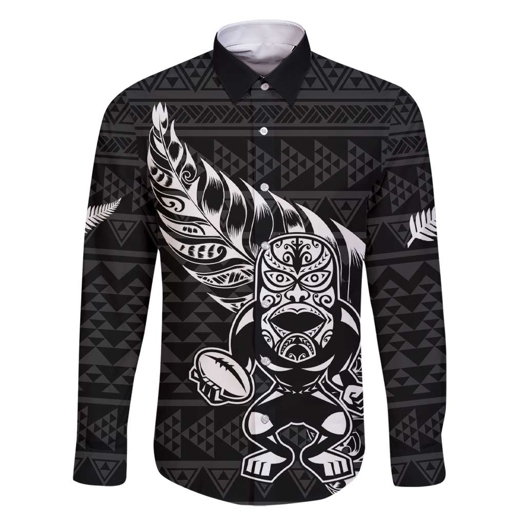 New Zealand Rugby Warrior Custom Family Matching Short Sleeve Bodycon Dress and Hawaiian Shirt Black Fern Taniko Motif LT9 Dad's Shirt - Long Sleeve Black - Polynesian Pride