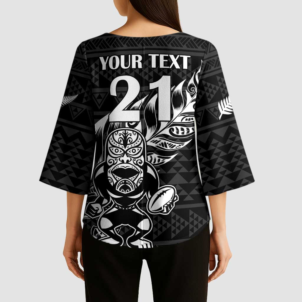 New Zealand Rugby Warrior Custom Kimono Sleeve Blouse Black Fern Taniko Motif - Polynesian Pride