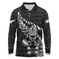 New Zealand Rugby Warrior Custom Long Sleeve Polo Shirt Black Fern Taniko Motif