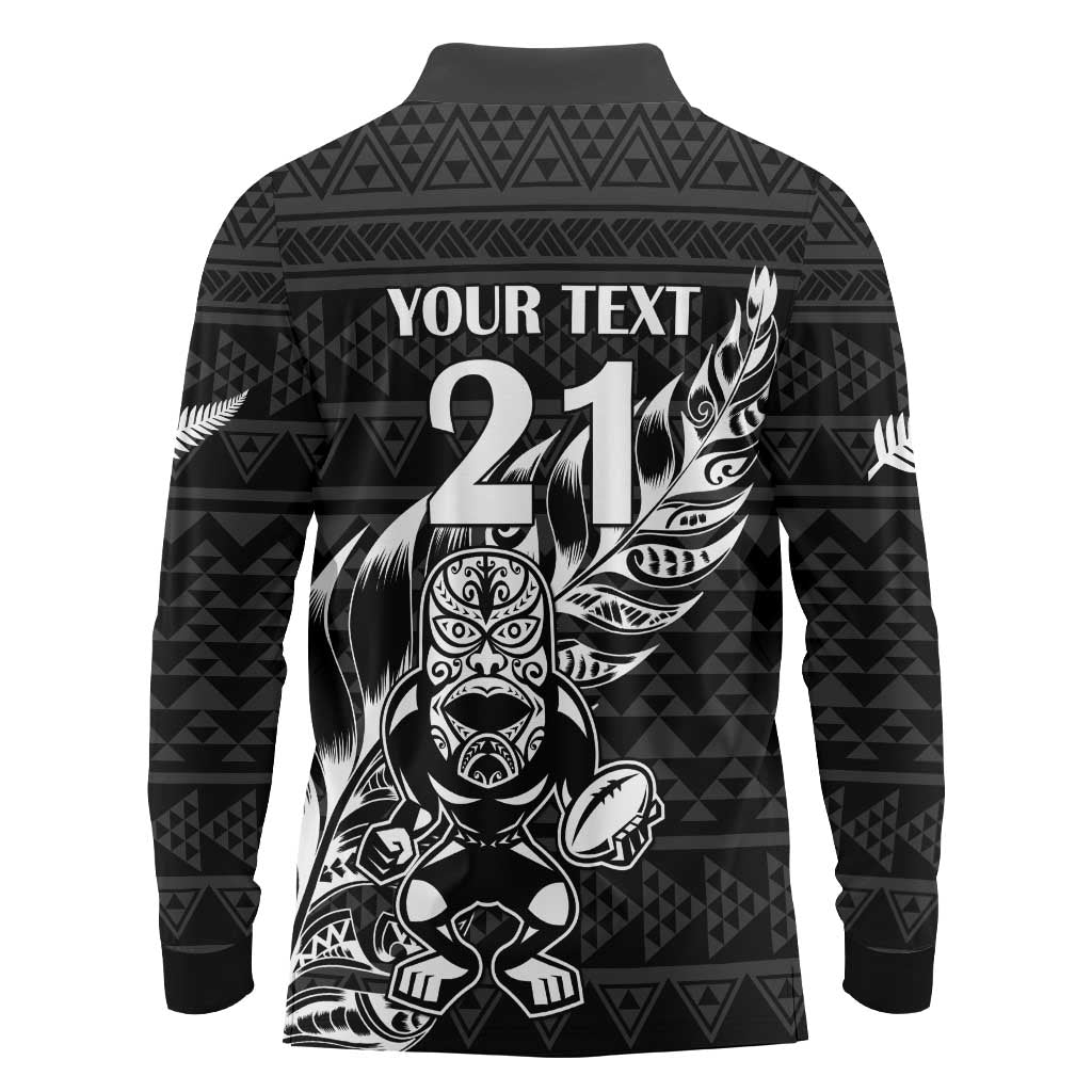 New Zealand Rugby Warrior Custom Long Sleeve Polo Shirt Black Fern Taniko Motif