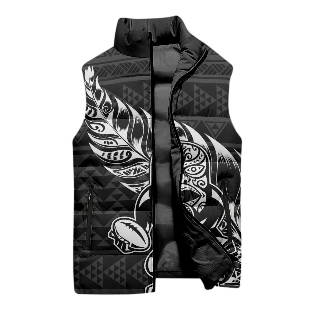 New Zealand Rugby Warrior Custom Sleeveless Puffer Jacket Black Fern Taniko Motif - Polynesian Pride