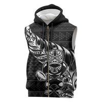 New Zealand Rugby Warrior Custom Sleeveless Zip Hoodie Black Fern Taniko Motif - Polynesian Pride