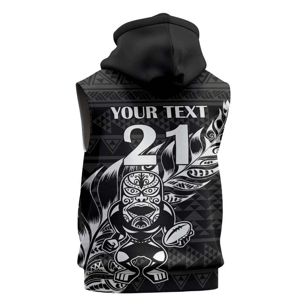 New Zealand Rugby Warrior Custom Sleeveless Zip Hoodie Black Fern Taniko Motif - Polynesian Pride
