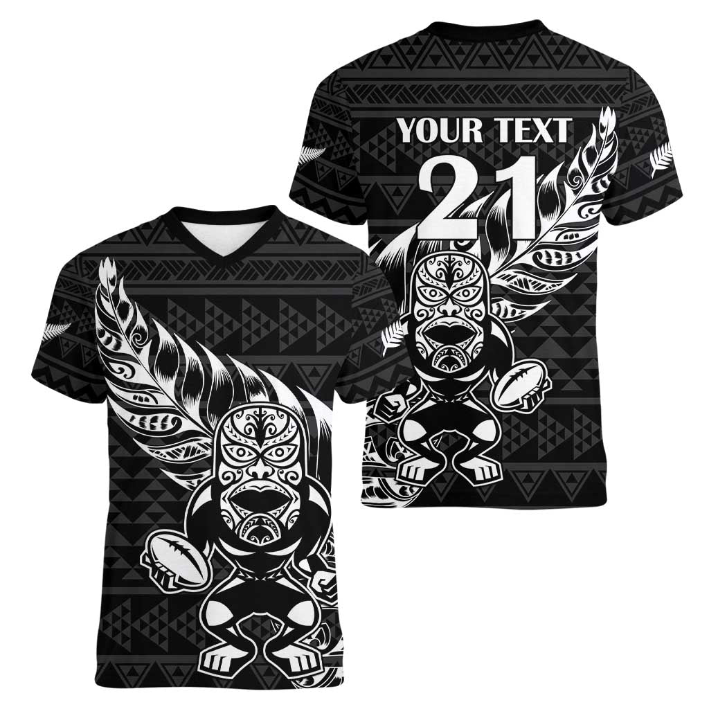 New Zealand Rugby Warrior Custom Women V-Neck T-Shirt Black Fern Taniko Motif LT9 - Polynesian Pride