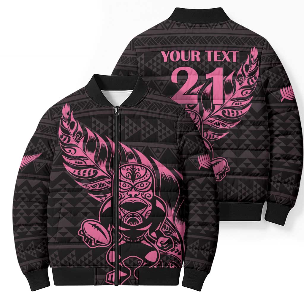 New Zealand Rugby Warrior Custom Bomber Puffer Jacket Pink Fern Taniko Motif - Polynesian Pride
