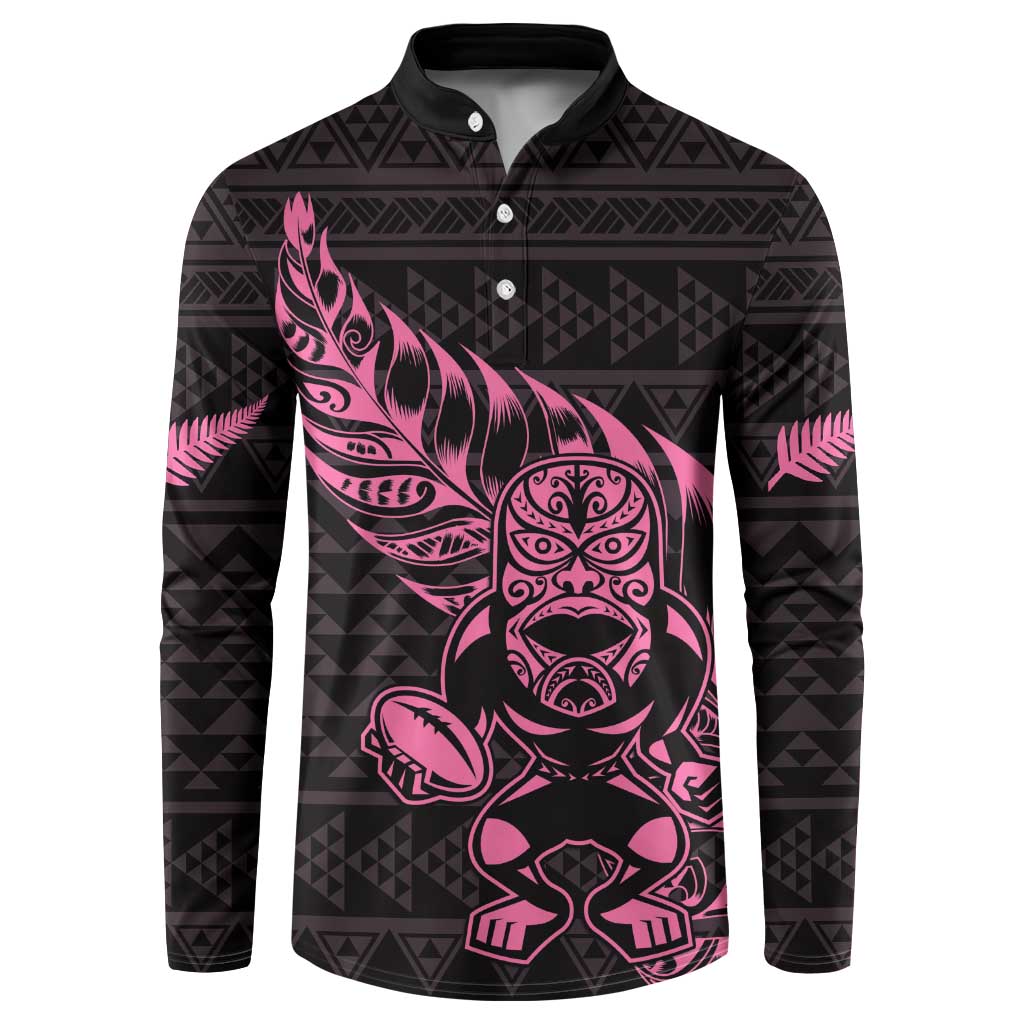 New Zealand Rugby Warrior Custom Button Sweatshirt Pink Fern Taniko Motif
