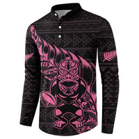 New Zealand Rugby Warrior Custom Button Sweatshirt Pink Fern Taniko Motif