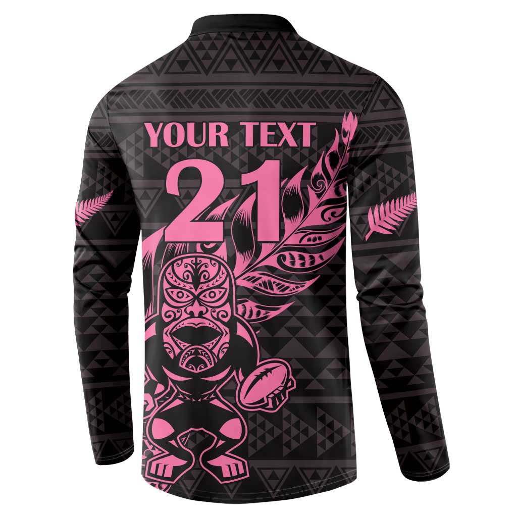 New Zealand Rugby Warrior Custom Button Sweatshirt Pink Fern Taniko Motif