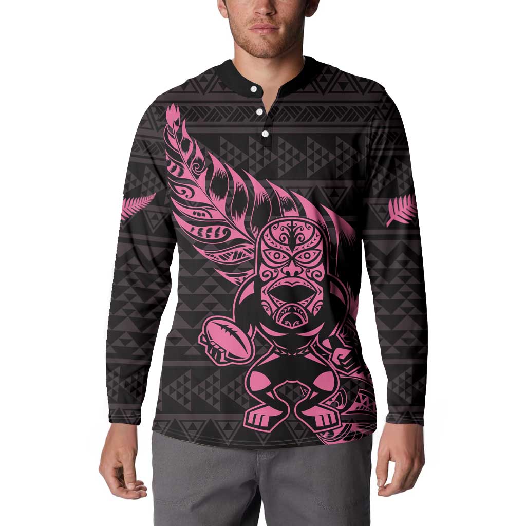 New Zealand Rugby Warrior Custom Button Sweatshirt Pink Fern Taniko Motif