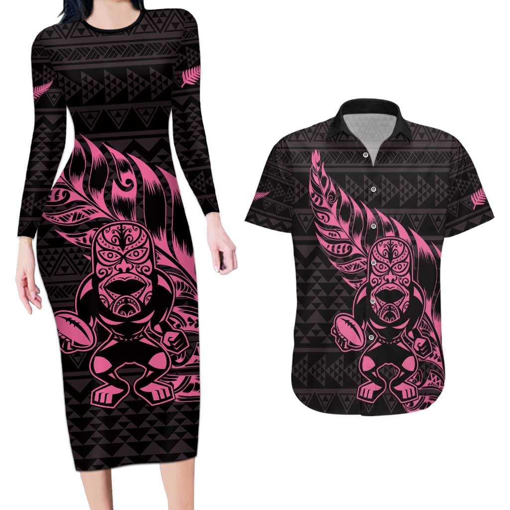 New Zealand Rugby Warrior Custom Couples Matching Long Sleeve Bodycon Dress and Hawaiian Shirt Pink Fern Taniko Motif LT9 Pink - Polynesian Pride