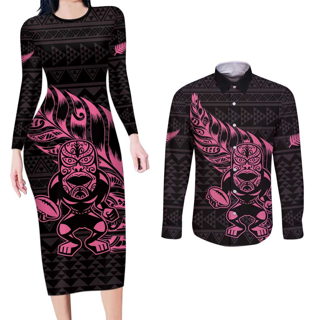 New Zealand Rugby Warrior Custom Couples Matching Long Sleeve Bodycon Dress and Long Sleeve Button Shirt Pink Fern Taniko Motif