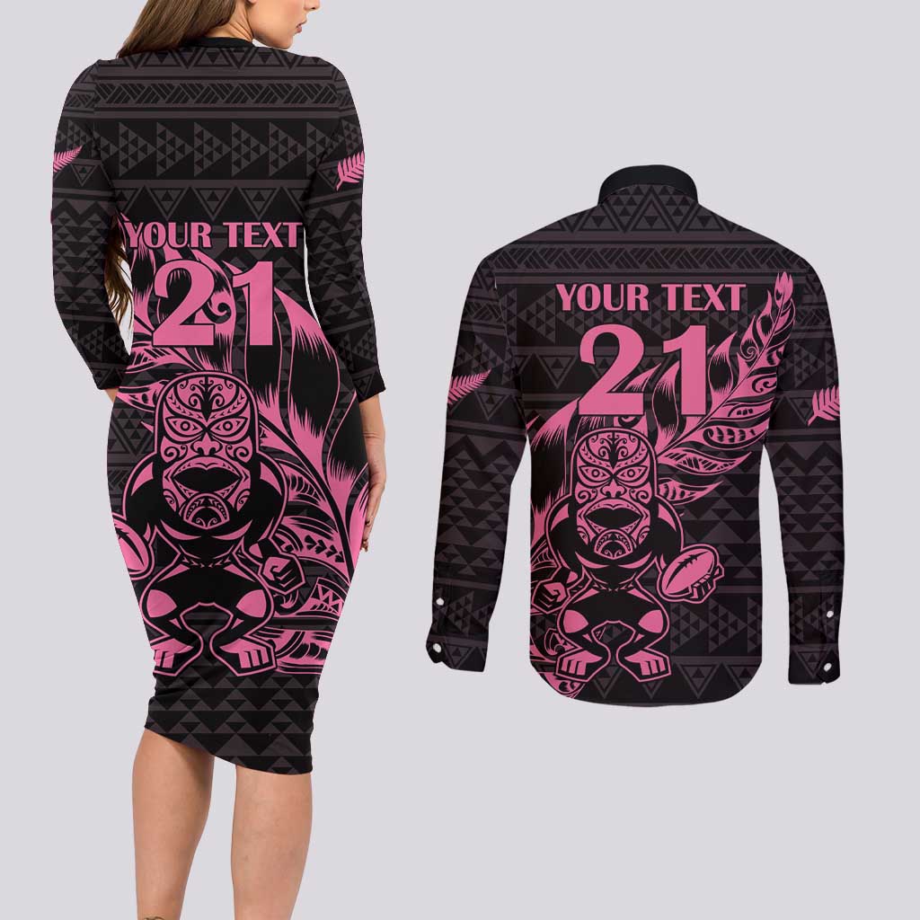 New Zealand Rugby Warrior Custom Couples Matching Long Sleeve Bodycon Dress and Long Sleeve Button Shirt Pink Fern Taniko Motif