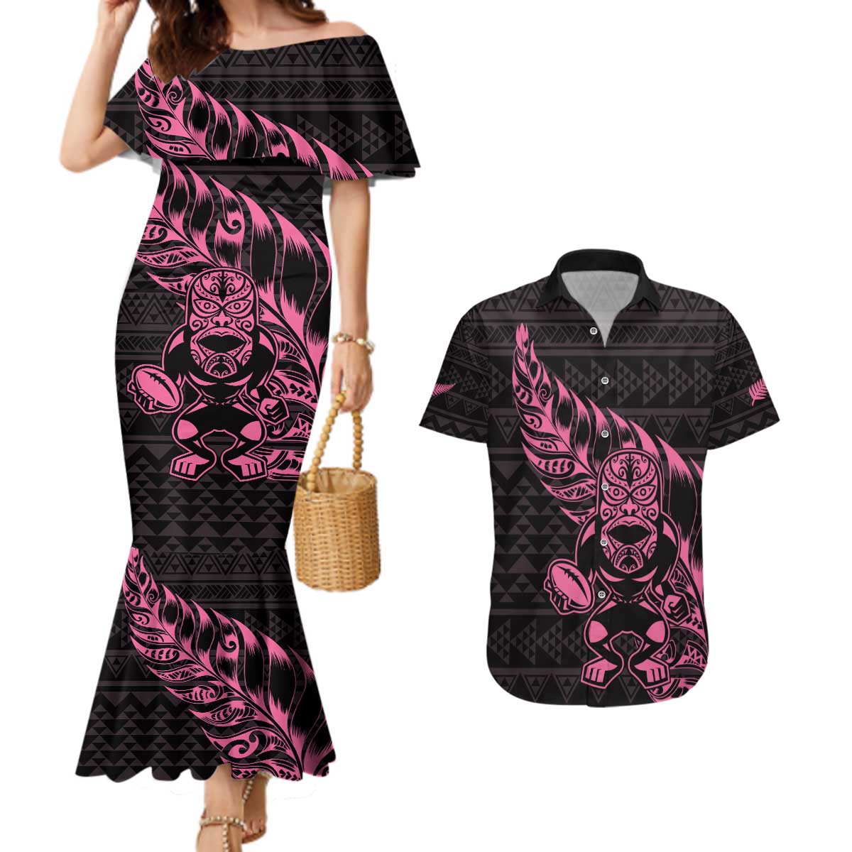 New Zealand Rugby Warrior Custom Couples Matching Mermaid Dress and Hawaiian Shirt Pink Fern Taniko Motif
