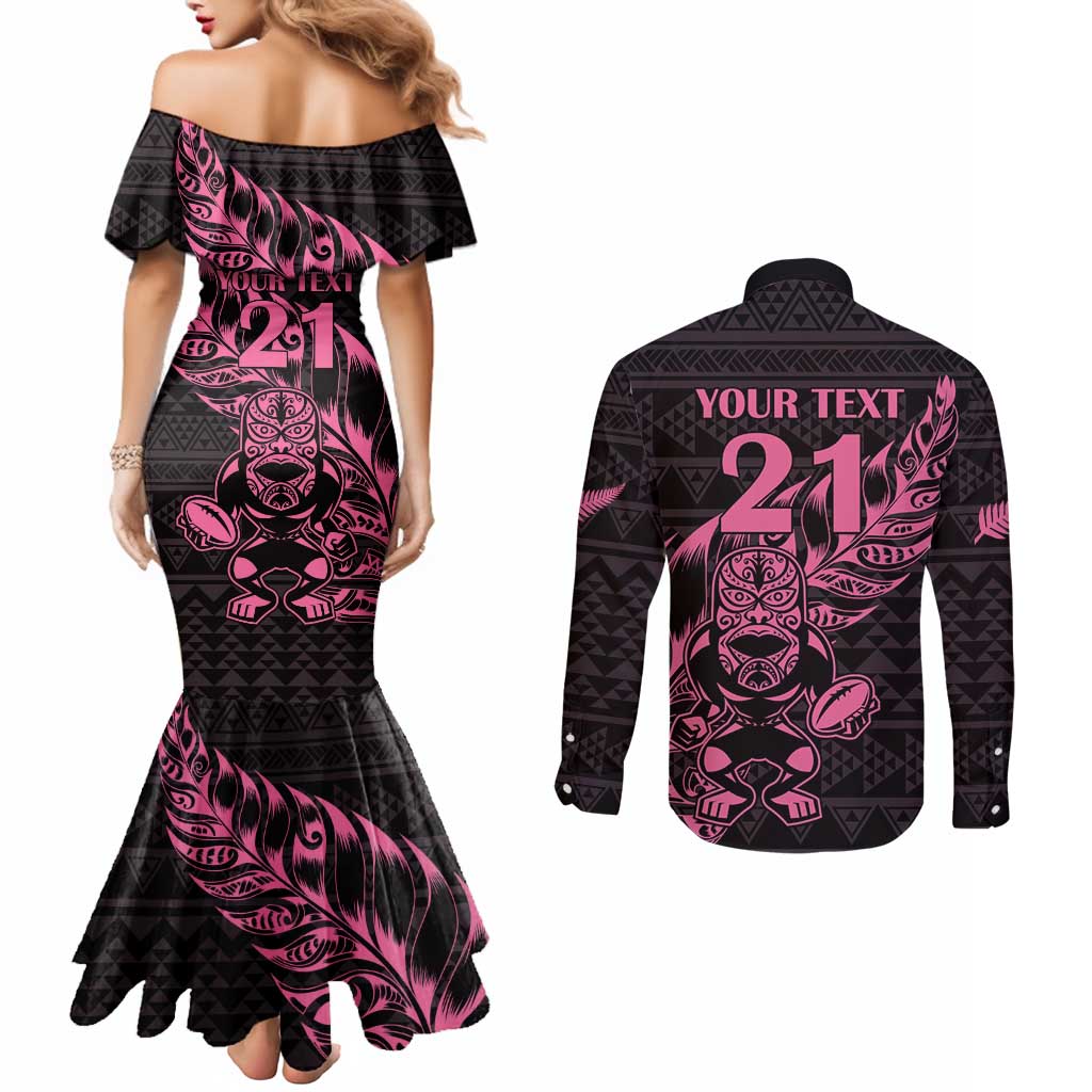 New Zealand Rugby Warrior Custom Couples Matching Mermaid Dress and Long Sleeve Button Shirt Pink Fern Taniko Motif