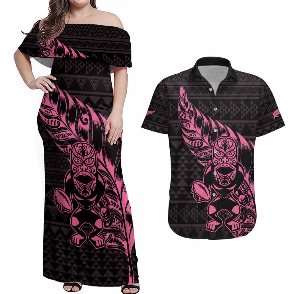 New Zealand Rugby Warrior Custom Couples Matching Off Shoulder Maxi Dress and Hawaiian Shirt Pink Fern Taniko Motif LT9 Pink - Polynesian Pride