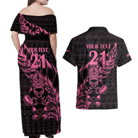 New Zealand Rugby Warrior Custom Couples Matching Off Shoulder Maxi Dress and Hawaiian Shirt Pink Fern Taniko Motif LT9 - Polynesian Pride