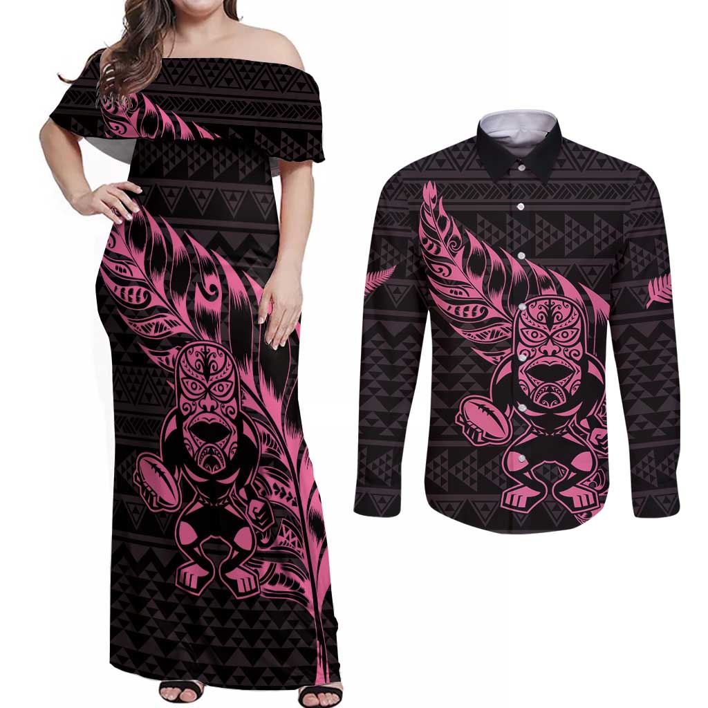 New Zealand Rugby Warrior Custom Couples Matching Off Shoulder Maxi Dress and Long Sleeve Button Shirt Pink Fern Taniko Motif