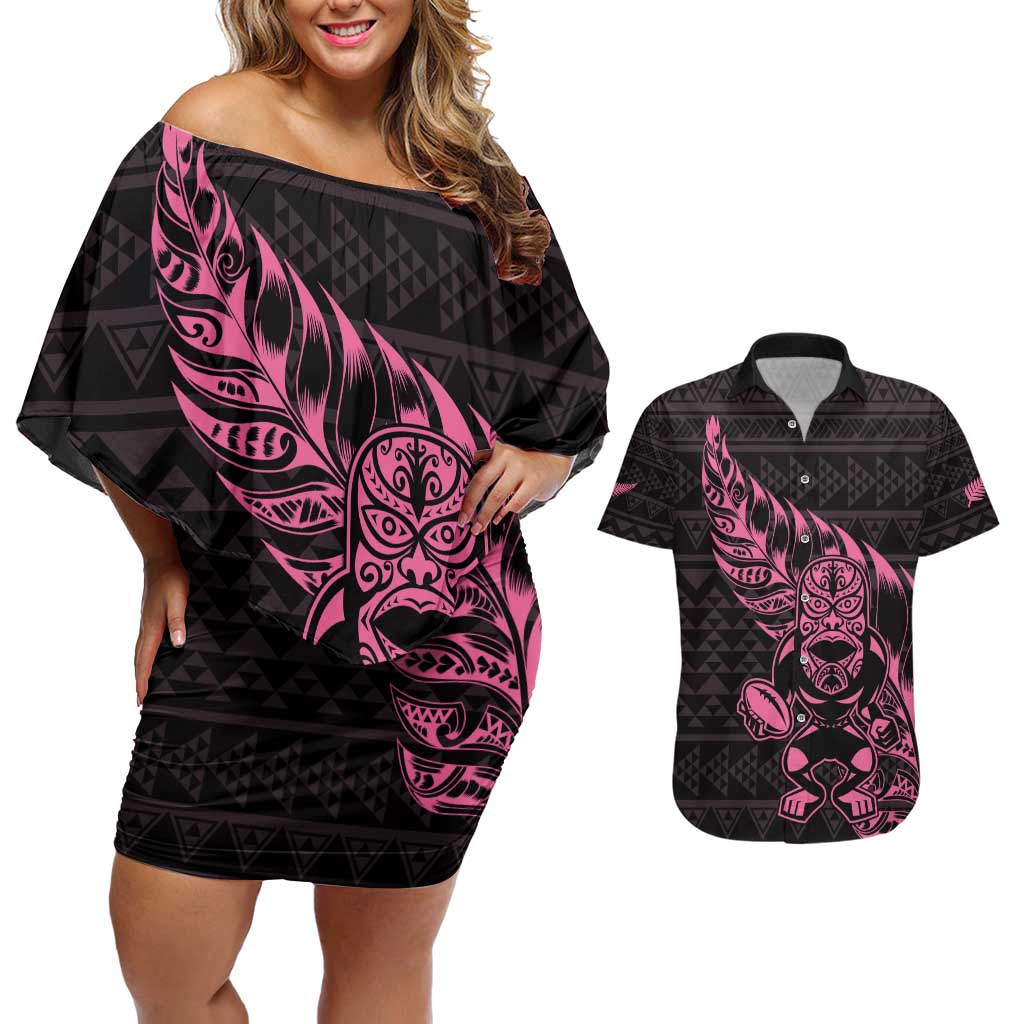 New Zealand Rugby Warrior Custom Couples Matching Off Shoulder Short Dress and Hawaiian Shirt Pink Fern Taniko Motif