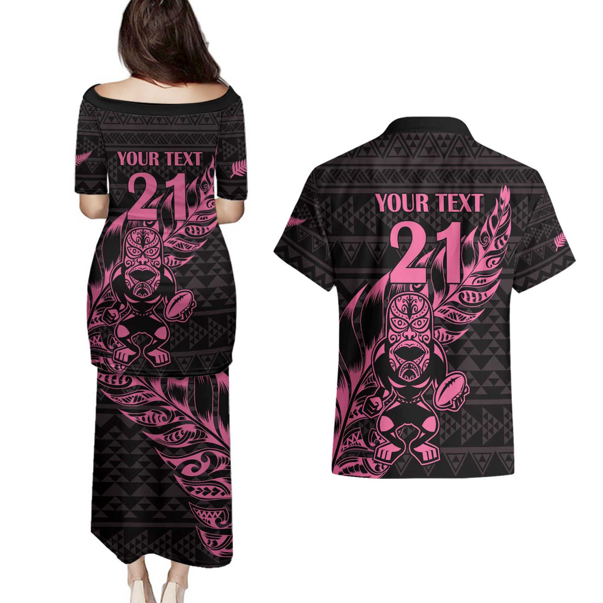 New Zealand Rugby Warrior Custom Couples Matching Puletasi and Hawaiian Shirt Pink Fern Taniko Motif