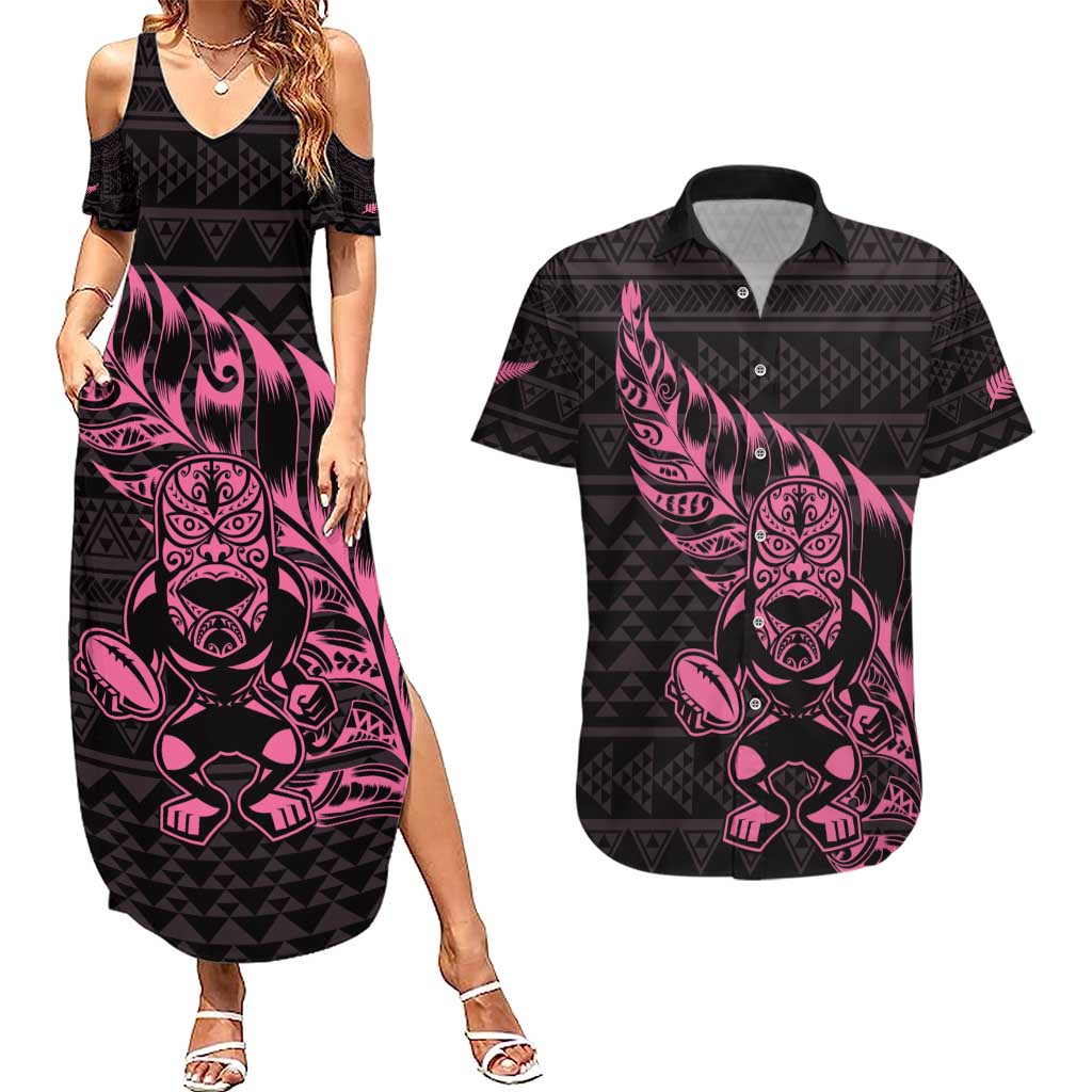 New Zealand Rugby Warrior Custom Couples Matching Summer Maxi Dress and Hawaiian Shirt Pink Fern Taniko Motif